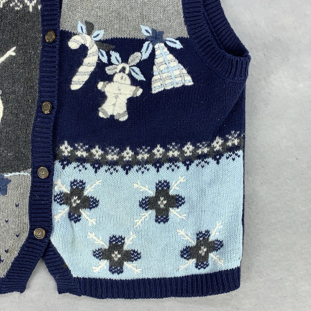 VTG Northcrest Sweater Cardigan Vest Women's Large 14-16 Blue Knit Winter Scene - Picture 3 of 12